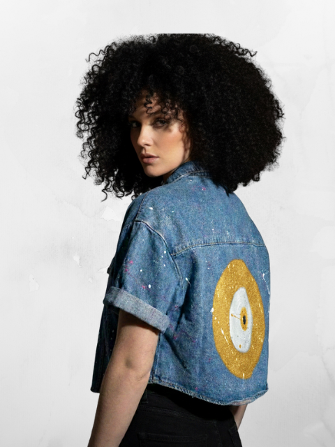 Hand-Painted Denim Jacket- Evil eye (Shimmer gold)