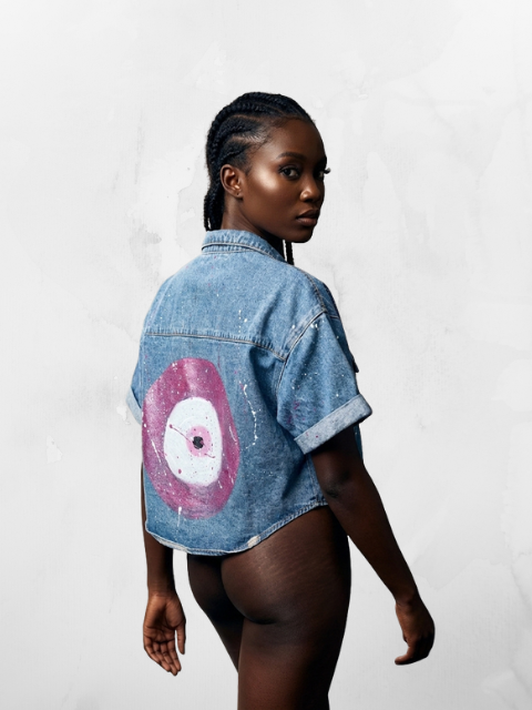 Hand-Painted Denim Jacket-Evil eye (purple-pink)