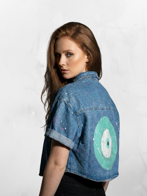 Hand-Painted Denim Jacket-Evil eye (Light green)